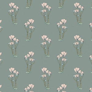Fabric - Art Gallery Fabrics -SPE68309 Wintersweet Spring Equinox collection  light pink flowers on muted teal