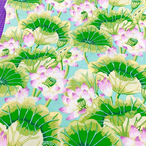 Fabric - Free Spirit - Kaffe Fassett Kaffe Fassett collective Lake Blossoms GP93.green lotus flower lily pads