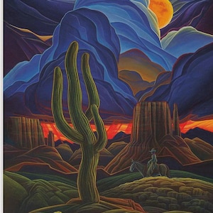 May include: A vibrant painting depicting a desert landscape at night with a large saguaro cactus in the foreground, a rider on horseback on a hill, towering mesas in the distance, and a bright orange moon set against dark blue swirling clouds.