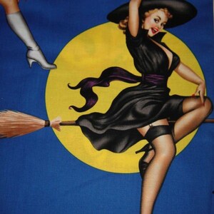 RARE Fabric by Alexander Henry BEWITCHED Halloween 50s Retro/Sexy Witches /Pinup Girls on blue Rare /Out of Print BTY image 6