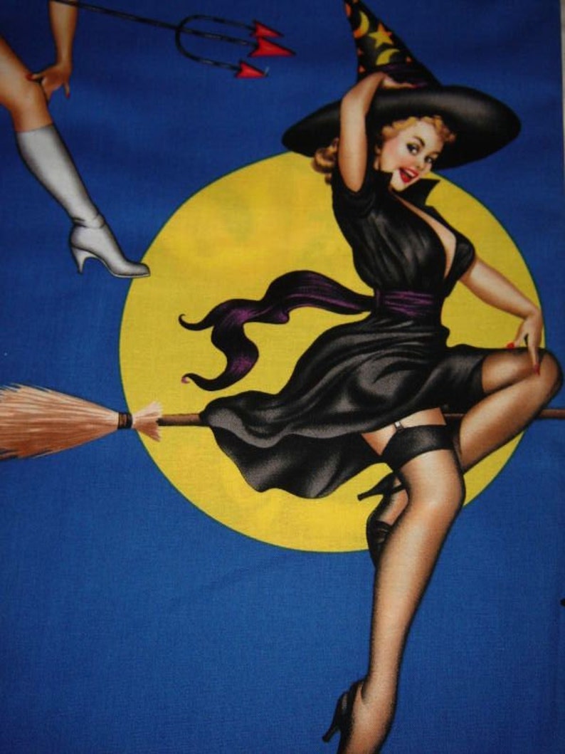 RARE Fabric by Alexander Henry BEWITCHED Halloween 50s Retro/Sexy Witches /Pinup Girls on blue Rare /Out of Print BTY image 6