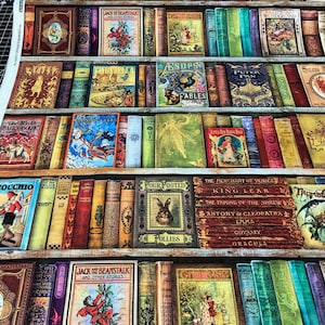 Fabric Robert Kaufman Library of Rarities Book Shelf cross wise stripe fairy tales Shakespeare Digital books print