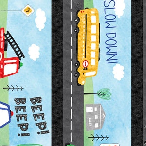 Fabric - QT Fabrics - BEEP! BEEP!  Decorative Border Stripe - 29110 -B  - Fire Truck, cars, trucks on Gray