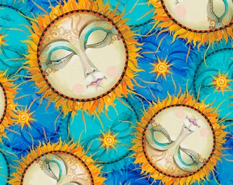 Fabric QT Sun and Sea  Sun faces tossed on blue  artistic aquatic celestial by David Galchutt 28677 B