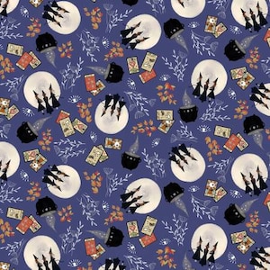 May include: A seamless pattern featuring a repeating design of witches, cauldrons, moons, and tarot cards on a purple background. The witches are depicted as groups of three, wearing black pointed hats and dresses, and holding hands as they dance around a full moon. The cauldrons are black and filled with a bubbling liquid. The tarot cards are scattered throughout the pattern and feature various symbols and imagery.