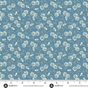 Fabric - Andover Fabrics Sewing Bird Edyta Sitar Laundry Basket Quilts Daisies tossed on blue A-1616 B