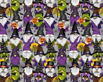 May include: A seamless pattern featuring a variety of gnomes dressed in Halloween costumes. The gnomes are wearing hats, scarves, and other accessories, and they are holding pumpkins, bats, and other Halloween-themed items. The background is a light gray color.