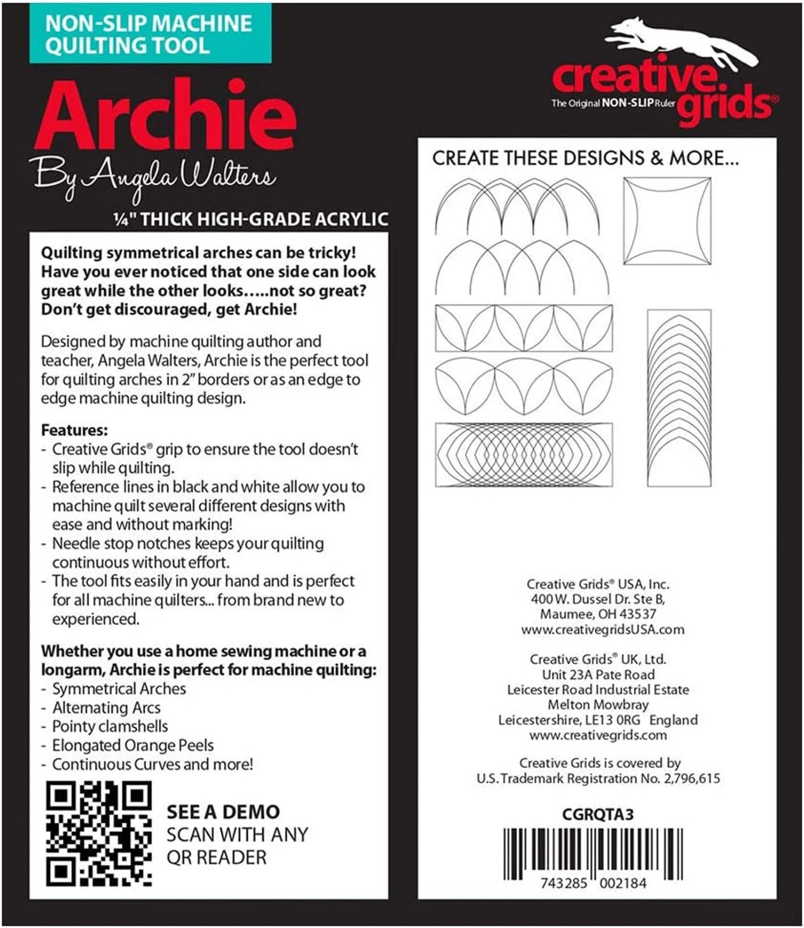 Angela Walters Creative Grids Machine Quilting Rulers Non Slip 1/4 Inch  Thick High Grade Acrylic -  Norway