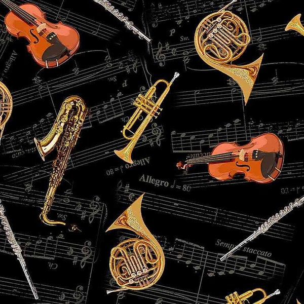 Fabric - Timeless Treasures  - Orchestra Instruments w/ Music Background MUSIC-CM1477  BLACK - metallic