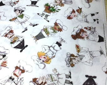 Fabric RARE Loralie Harris What's Cooking Chefs Men Woman Kitchen tossed on White