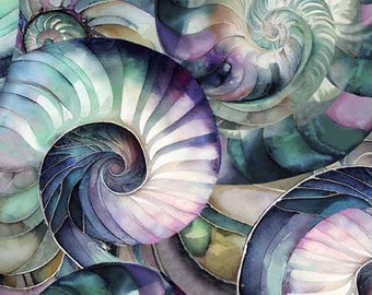 Fabric QT Seashell Soiree Artistic Painterly Nautilus Shells 30302 -X Multi