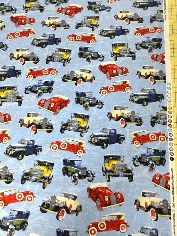 Fabric Exclusively Quilters Antique Cars Tossed on a Blue Map | Etsy