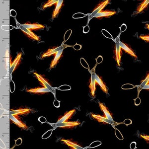 Fabric Timeless Treasures Flaming Scissors Seamstress Hairdresser Sewing novelty tossed on black C8486 Black