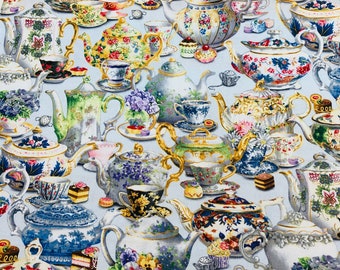 Fabric Elizabeth's Studio Fancy Tea High Tea English traditional TEAPOTS on light blue background  delicate floral painted china