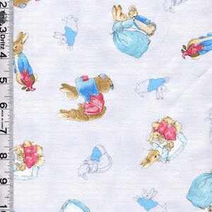 Fabric Quilting Treasures COTTON TALE Beatrix Potter Peter Rabbit Characters toss on pale gray