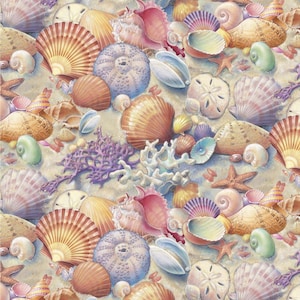 May include: A repeating pattern of various seashells, including fan-shaped scallops, spiral conch shells, sand dollars, and purple coral branches. The design features a soft color palette of beige, tan, pink, and light blue, creating a dense beach-themed motif.
