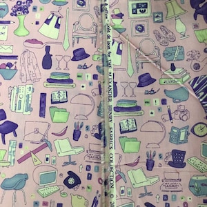 Fabric Alexander Henry HOME and Office 2002 computer desk chair telephone dress hat lamp paint brush on orchid pink OOP work from home