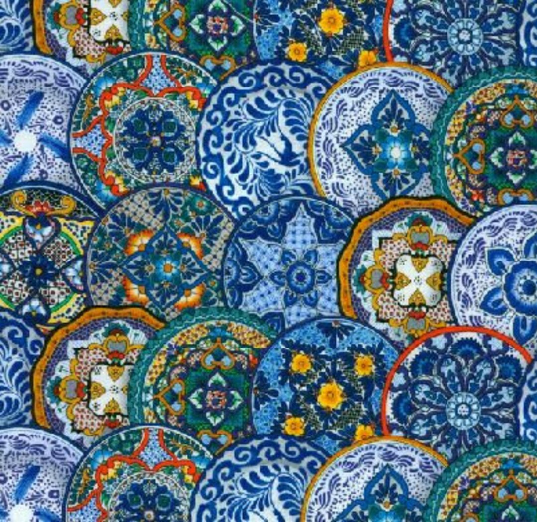Elizabeth's Studio Fiesta Fabric BLUE 100 Cotton Mexican Plates Like