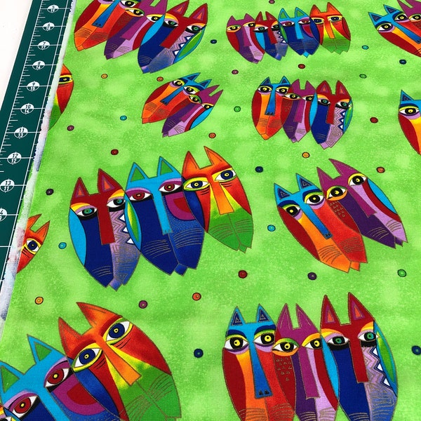 Fabric RARE Clothworks Laurel Burch Jungle Songs Cats faces Cats masks  tossed on lime green on piece 1 yard, 15 inches