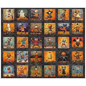 May include: A colorful quilt block featuring 36 individual squares, each depicting a different Halloween character. The characters are dressed in costumes and holding pumpkins, candy, and other Halloween-themed items. The quilt block is made of fabric with a dark gray background.
