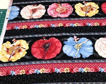 Fabric Rare Elizabeths Studio Mary Stewart designer Can Can dancers flower ladies crosswise stripe music notes on black