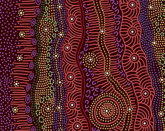 Fabric - M&S Textiles Australia Aboriginal art - Gathering by the Creek Burgundy by Janet Long Nakamarra - GBCBU