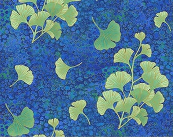 Fabric Northcott Shimmer Gingko Garden LEAVES green tossed dark blue with metallic gold 26852M-49