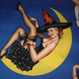 RARE Fabric by Alexander Henry BEWITCHED Halloween 50s Retro/Sexy Witches /Pinup Girls on blue Rare /Out of Print BTY image 4