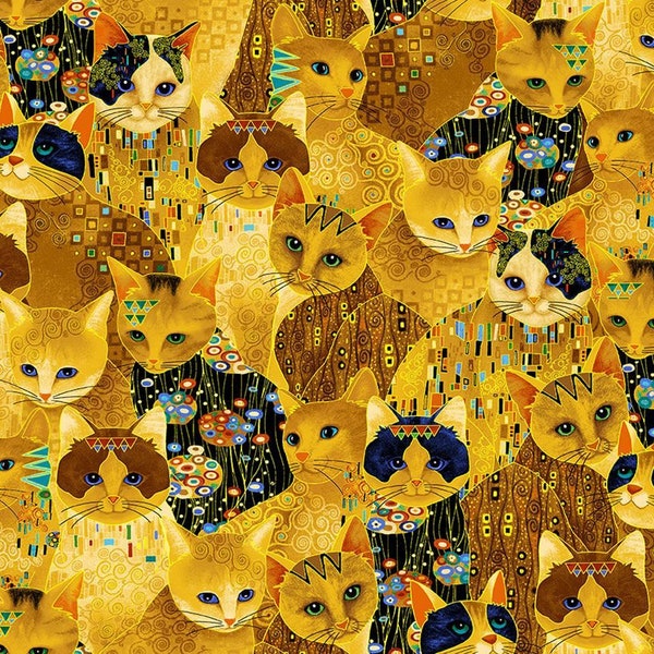 Fabric - Timeless Treasures -  From the Cleo collection by CHONG-A HWANG - Golden Bejeweled Cats - CLEO-CM1881 - Metallic after Gustav Klimt