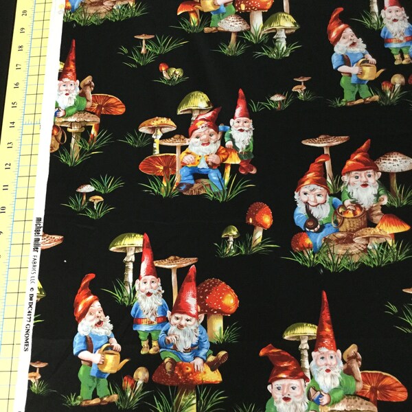 Fabric RARE Michael Miller  DC4177 Gnomes Gardening and  mushrooms on black out of print!