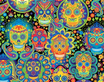 Fabric Timeless Treasures Bright Sugar Skulls - Multi Color FUN-C7378 halloween