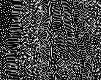 Fabric - M&S Textiles Australia Aboriginal art - Gathering by the Creek - Black by Janet Nakamarra