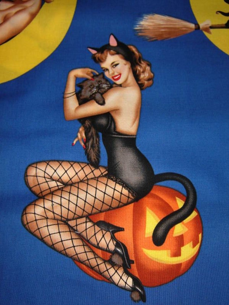 RARE Fabric by Alexander Henry BEWITCHED Halloween 50s Retro/Sexy Witches /Pinup Girls on blue Rare /Out of Print BTY image 5