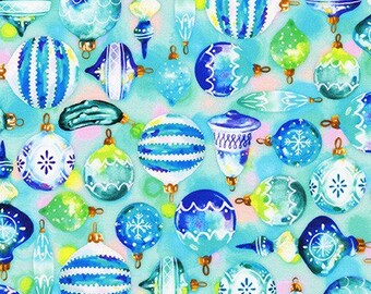 Fabric Robert Kaufman WELD-20213-70 AQUA Florida tropical Christmas Wishwell GLOW Collection ornaments on aqua