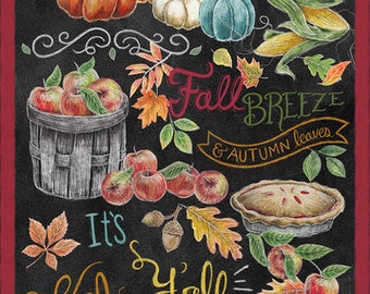 Fabric - Blank Quilting Rake & Bake collection Panel B 1119 w/Black background designed by Lily Ford Pickup Truck/Apple Pie/Apples/Pumpkins