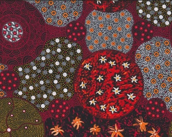 Fabric - M&S Textiles Australia Aboriginal art - Wild Bush Tomato and Apple Flame Scarlet by Christine Doolan WBTFS