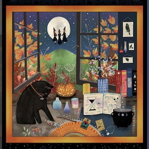 Fabric  - P&B Textiles Practical Magic Halloween PANEL black cat witches potions