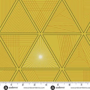 May include: Geometric fabric pattern featuring triangles in shades of gold and olive green. The design includes linear and grid patterns within the triangles, with a central triangle radiating white lines. The fabric has a ruler along the bottom edge.