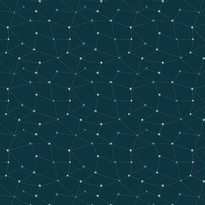 Puede incluir: Un patrón sin costuras de estrellas blancas conectadas por finas líneas blancas sobre un fondo azul oscuro. Las estrellas y las líneas forman un diseño similar a una constelación.