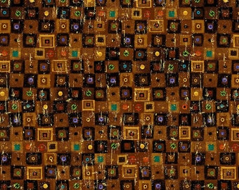 Fabric - Timeless Treasures - Cleo collection - by Chong-A HWANG - Bejeweled Sq. CLEO-CM1884  GOLD- Metallic - after Gustav Klimt