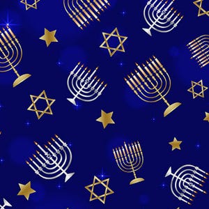 Fabric Benartex Kanvas Collection 9947-55 Festival of Lights Hanukkah Hanukkah and stars tossed on navy blue