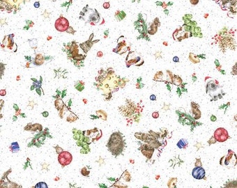 Fabric Maywood Studio-  One Snowy Day Winter Christmas Furry Friends Forest animals tossed on White D10373M-W