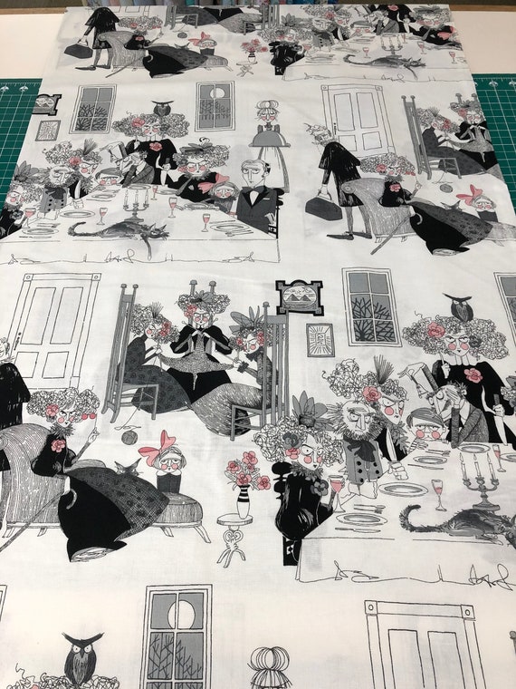 RARE Fabric Alexander Henry 2010 A Ghastlie Night Victorian Gothic Witches dining knitting on gray one piece 31 inches