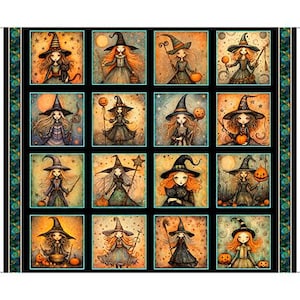 May include: A fabric panel featuring a grid of 12 whimsical illustrations of young witches. Each witch is depicted with a hat, holding various items like pumpkins and wands, set against a backdrop of moons and stars. The color palette includes orange, black, and teal.