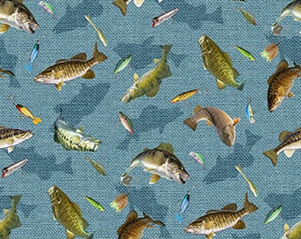 Fabric Northcott Hooked Fish toss on blue fishing sports 24462-44