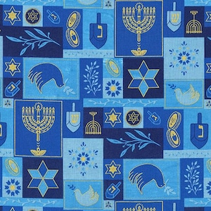 Fabric Michael MillerDM12352-BLUE-D Festival of Lights Hanukkah themed fabric Judaica Jewish Holiday