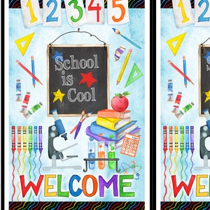 May include: A colorful welcome sign for a school classroom. The sign features a chalkboard with the text "School is Cool", a stack of books, a microscope, test tubes, crayons, pencils, and a red apple. The numbers 1, 2, 3, 4, and 5 are displayed at the top of the sign.