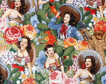 End of Bolt! 27 Inches only! Fabric Alexander Henry Las Senoritas Mexican fashionistas pinups/roses/cactus/saddles/bright colors 6542AR
