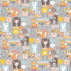 May include: A repeating pattern featuring woodland animals and floral elements in a whimsical design. The pattern includes foxes, bears, deer, owls, squirrels, and rabbits, along with trees, flowers, and geometric shapes in shades of orange, brown, yellow, and blue on a gray background.