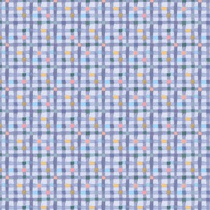 May include: A watercolor-style pattern featuring a grid of intersecting blue lines on a light blue background. The grid is interspersed with small, colorful squares in shades of pink, green, yellow, and blue. This design is suitable for fabric or wallpaper.